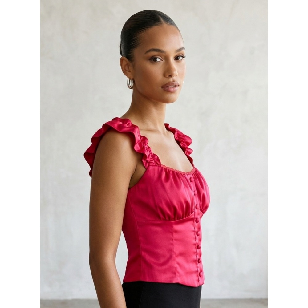 Altar'd State Ruby Red Satin Ruffle Lace Trim Button Front Corset Top Medium